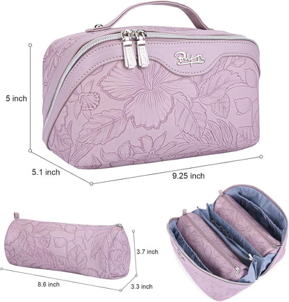 Travel Makeup Bags Cosmetic Organizer Bag: 3-Set Large Capacity Make up Bag - PU Leather Toiletry Bags for Women - Wide Open Portable Pouch with Divider & Handle (02-Light Green)