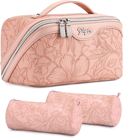 Travel Makeup Bags Cosmetic Organizer Bag: 3-Set Large Capacity Make up Bag - PU Leather Toiletry Bags for Women - Wide Open Portable Pouch with Divider & Handle (02-Light Green)