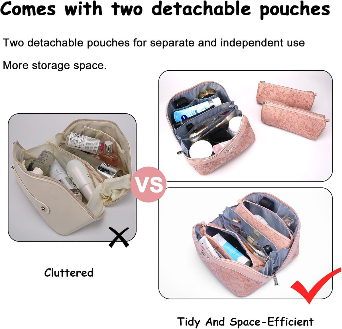 Travel Makeup Bags Cosmetic Organizer Bag: 3-Set Large Capacity Make up Bag - PU Leather Toiletry Bags for Women - Wide Open Portable Pouch with Divider & Handle (02-Light Green)