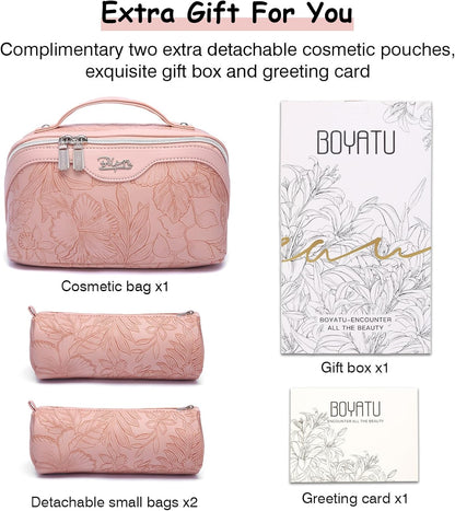 Travel Makeup Bags Cosmetic Organizer Bag: 3-Set Large Capacity Make up Bag - PU Leather Toiletry Bags for Women - Wide Open Portable Pouch with Divider & Handle (02-Light Green)
