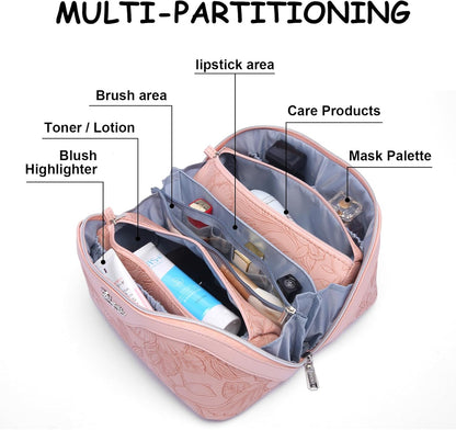 Travel Makeup Bags Cosmetic Organizer Bag: 3-Set Large Capacity Make up Bag - PU Leather Toiletry Bags for Women - Wide Open Portable Pouch with Divider & Handle (02-Light Green)
