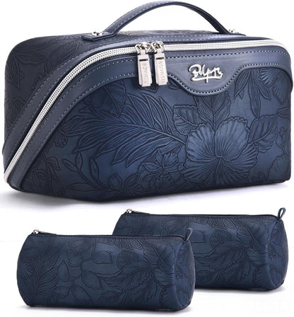 Travel Makeup Bags Cosmetic Organizer Bag: 3-Set Large Capacity Make up Bag - PU Leather Toiletry Bags for Women - Wide Open Portable Pouch with Divider & Handle (02-Light Green)