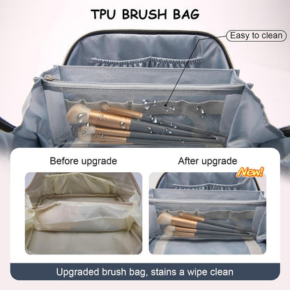 Travel Makeup Bags Cosmetic Organizer Bag: 3-Set Large Capacity Make up Bag - PU Leather Toiletry Bags for Women - Wide Open Portable Pouch with Divider & Handle (02-Light Green)