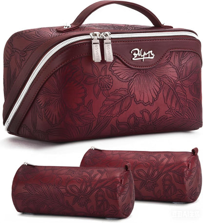 Travel Makeup Bags Cosmetic Organizer Bag: 3-Set Large Capacity Make up Bag - PU Leather Toiletry Bags for Women - Wide Open Portable Pouch with Divider & Handle (02-Light Green)