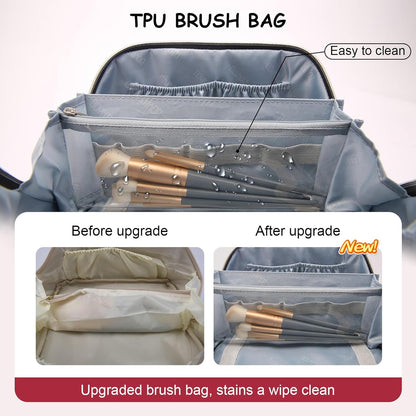 Travel Makeup Bags Cosmetic Organizer Bag: 3-Set Large Capacity Make up Bag - PU Leather Toiletry Bags for Women - Wide Open Portable Pouch with Divider & Handle (02-Light Green)