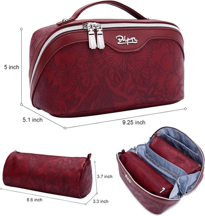 Travel Makeup Bags Cosmetic Organizer Bag: 3-Set Large Capacity Make up Bag - PU Leather Toiletry Bags for Women - Wide Open Portable Pouch with Divider & Handle (02-Light Green)