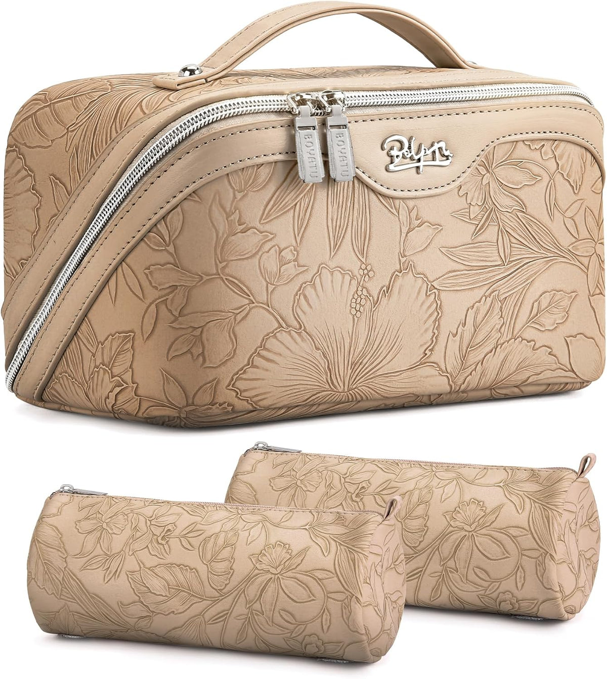 Travel Makeup Bags Cosmetic Organizer Bag: 3-Set Large Capacity Make up Bag - PU Leather Toiletry Bags for Women - Wide Open Portable Pouch with Divider & Handle (02-Light Green)