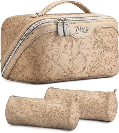 Travel Makeup Bags Cosmetic Organizer Bag: 3-Set Large Capacity Make up Bag - PU Leather Toiletry Bags for Women - Wide Open Portable Pouch with Divider & Handle (02-Light Green)
