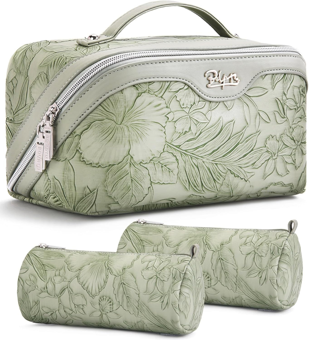 Travel Makeup Bags Cosmetic Organizer Bag: 3-Set Large Capacity Make up Bag - PU Leather Toiletry Bags for Women - Wide Open Portable Pouch with Divider & Handle (02-Light Green)