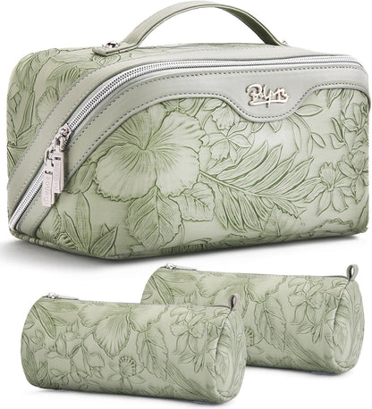 Travel Makeup Bags Cosmetic Organizer Bag: 3-Set Large Capacity Make up Bag - PU Leather Toiletry Bags for Women - Wide Open Portable Pouch with Divider & Handle (02-Light Green)