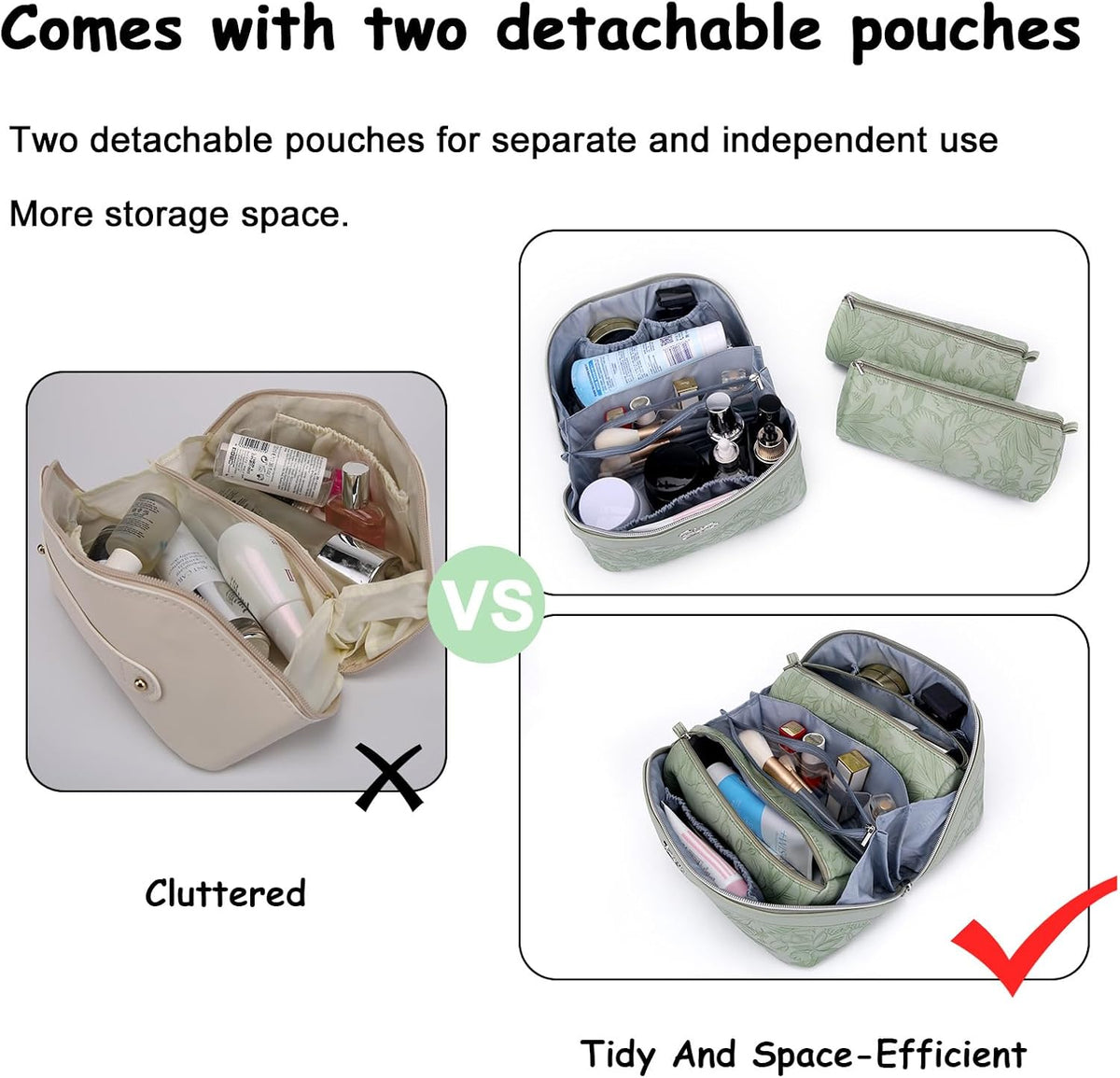 Travel Makeup Bags Cosmetic Organizer Bag: 3-Set Large Capacity Make up Bag - PU Leather Toiletry Bags for Women - Wide Open Portable Pouch with Divider & Handle (02-Light Green)