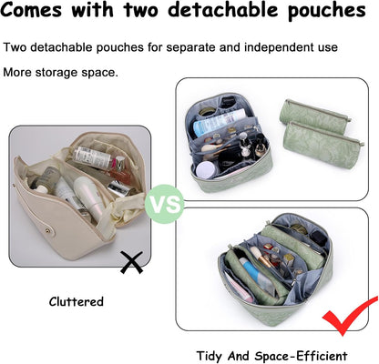 Travel Makeup Bags Cosmetic Organizer Bag: 3-Set Large Capacity Make up Bag - PU Leather Toiletry Bags for Women - Wide Open Portable Pouch with Divider & Handle (02-Light Green)
