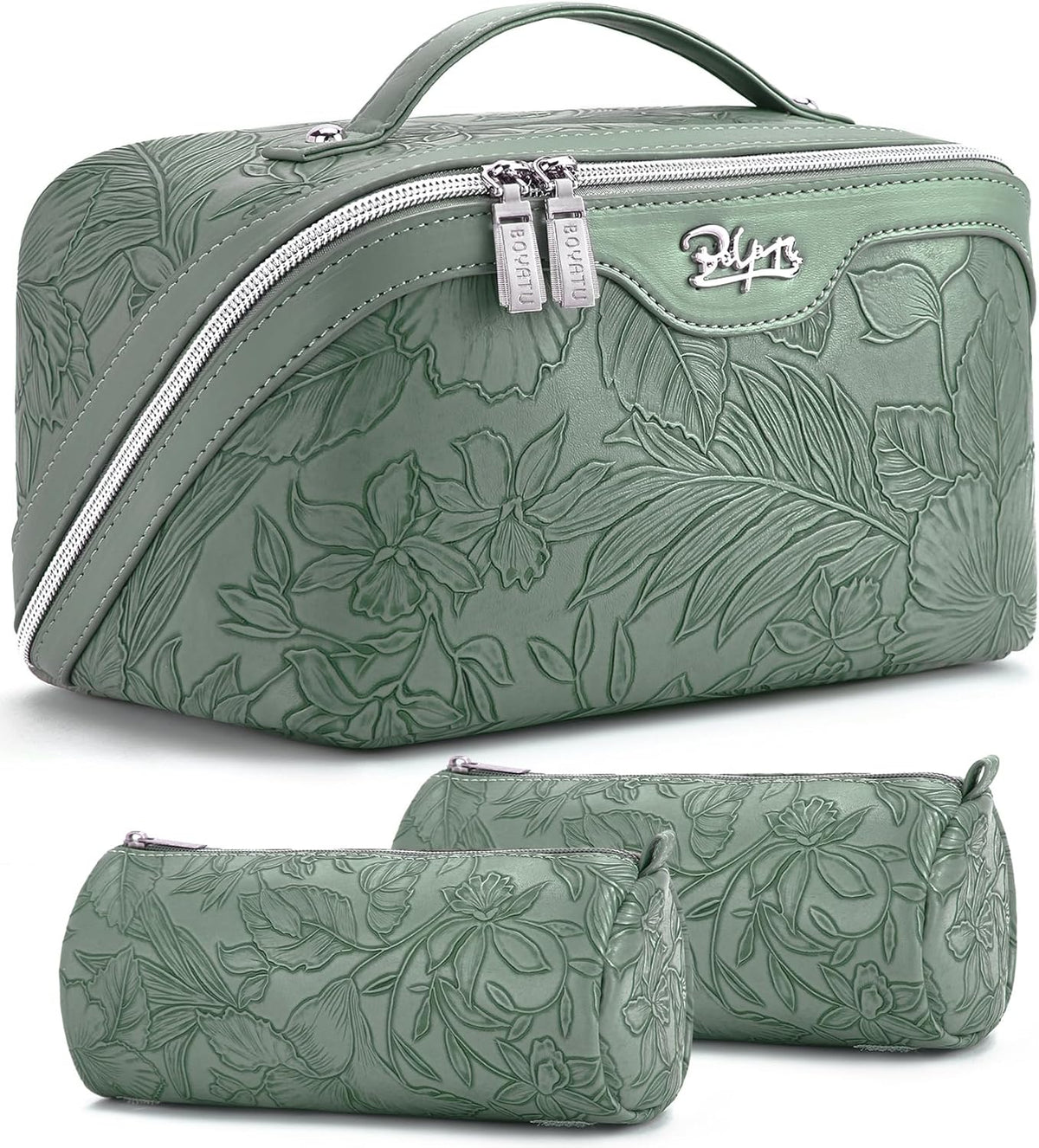 Travel Makeup Bags Cosmetic Organizer Bag: 3-Set Large Capacity Make up Bag - PU Leather Toiletry Bags for Women - Wide Open Portable Pouch with Divider & Handle (02-Light Green)