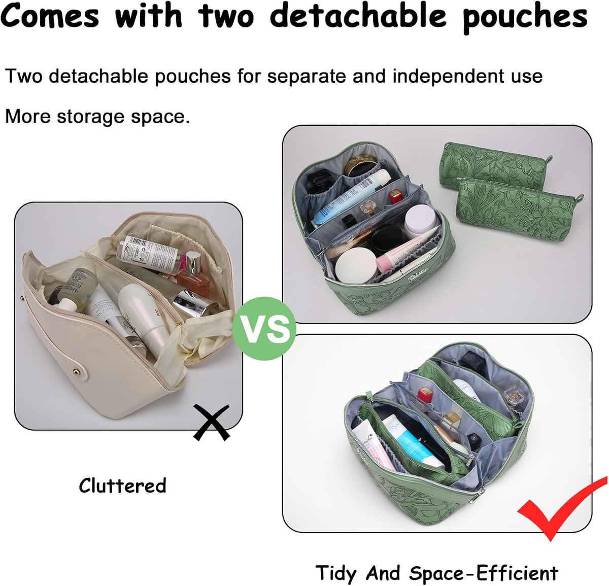 Travel Makeup Bags Cosmetic Organizer Bag: 3-Set Large Capacity Make up Bag - PU Leather Toiletry Bags for Women - Wide Open Portable Pouch with Divider & Handle (02-Light Green)
