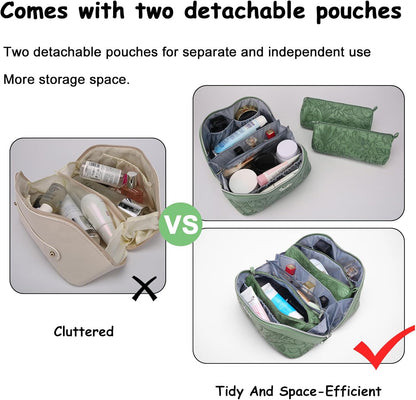 Travel Makeup Bags Cosmetic Organizer Bag: 3-Set Large Capacity Make up Bag - PU Leather Toiletry Bags for Women - Wide Open Portable Pouch with Divider & Handle (02-Light Green)