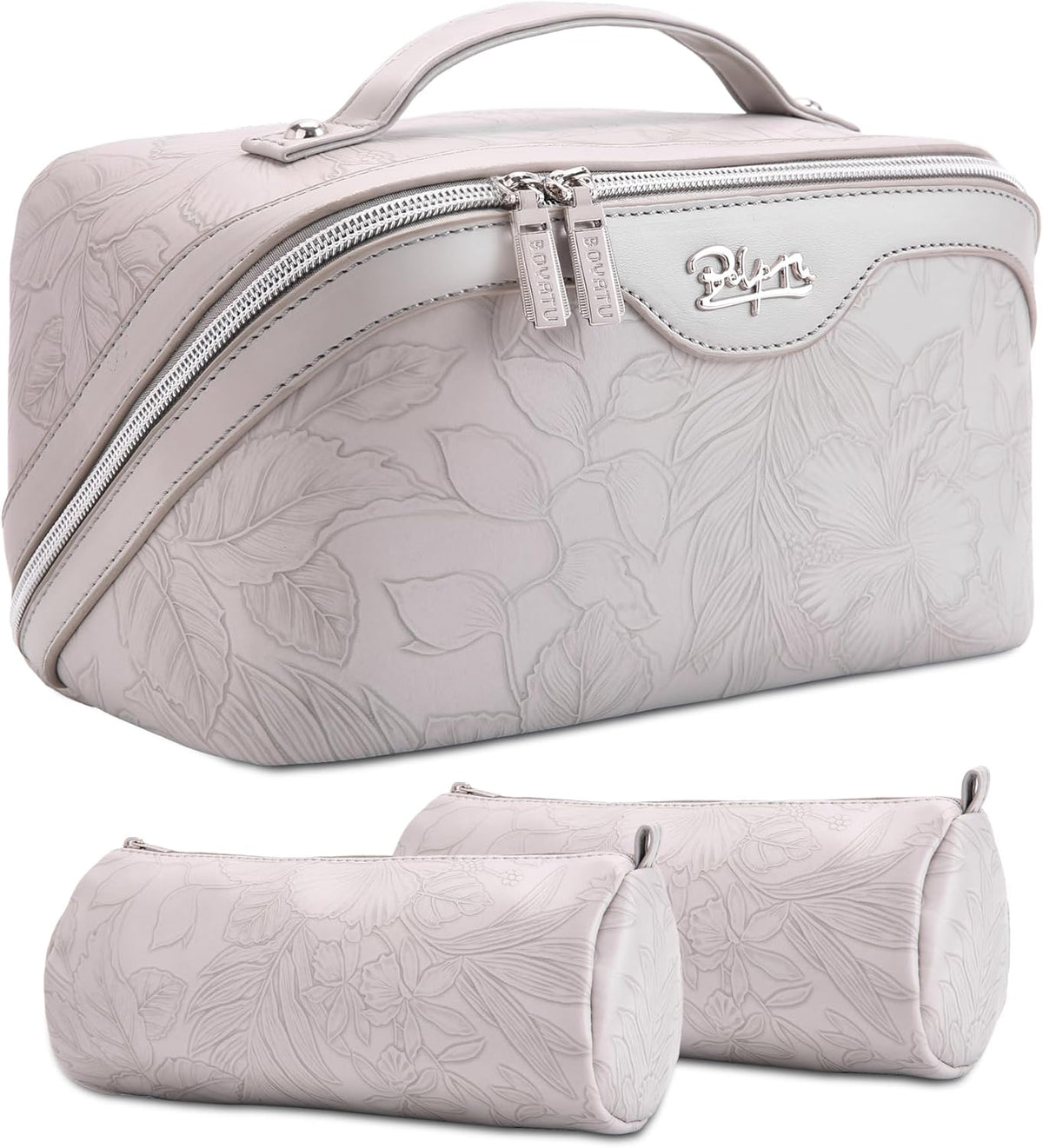 Travel Makeup Bags Cosmetic Organizer Bag: 3-Set Large Capacity Make up Bag - PU Leather Toiletry Bags for Women - Wide Open Portable Pouch with Divider & Handle (02-Light Green)
