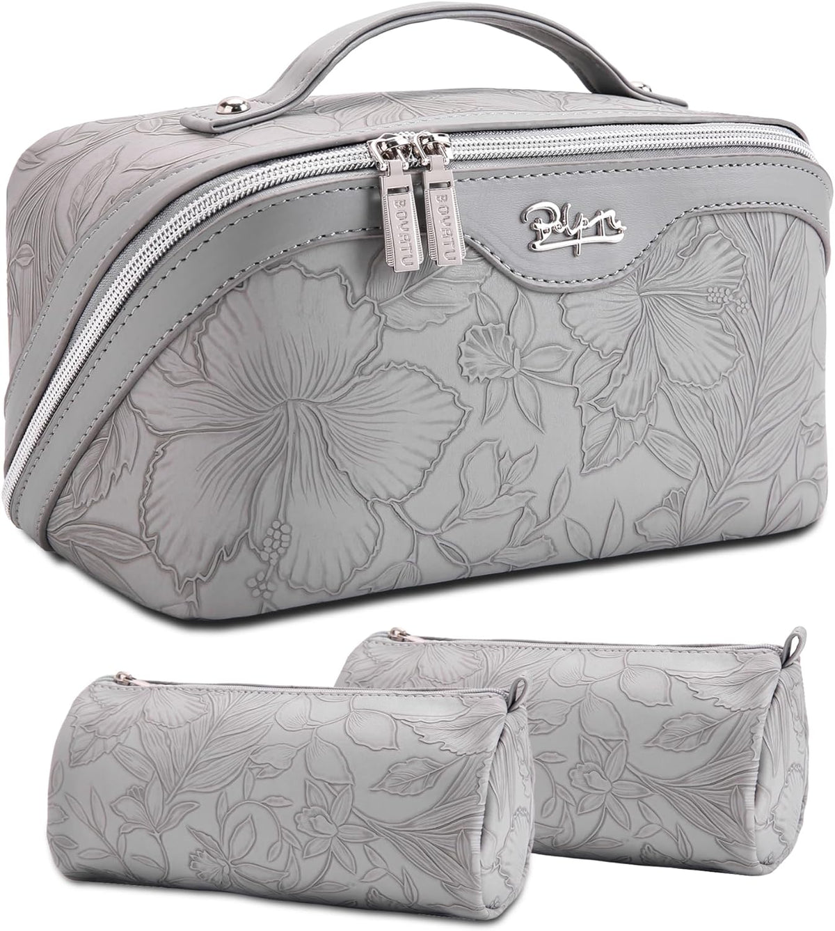 Travel Makeup Bags Cosmetic Organizer Bag: 3-Set Large Capacity Make up Bag - PU Leather Toiletry Bags for Women - Wide Open Portable Pouch with Divider & Handle (02-Light Green)
