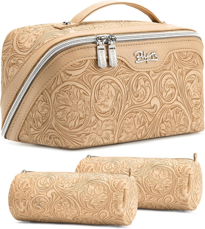 Travel Makeup Bags Cosmetic Organizer Bag: 3-Set Large Capacity Make up Bag - PU Leather Toiletry Bags for Women - Wide Open Portable Pouch with Divider & Handle (02-Light Green)