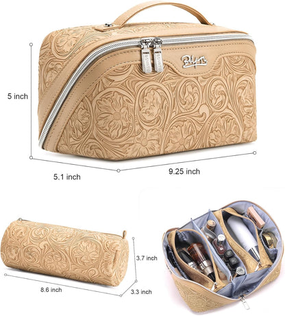 Travel Makeup Bags Cosmetic Organizer Bag: 3-Set Large Capacity Make up Bag - PU Leather Toiletry Bags for Women - Wide Open Portable Pouch with Divider & Handle (02-Light Green)