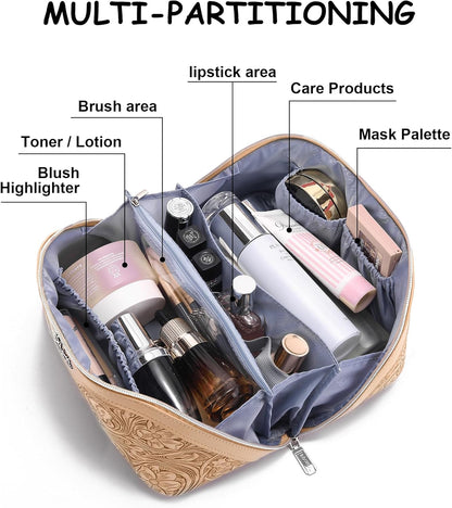 Travel Makeup Bags Cosmetic Organizer Bag: 3-Set Large Capacity Make up Bag - PU Leather Toiletry Bags for Women - Wide Open Portable Pouch with Divider & Handle (02-Light Green)
