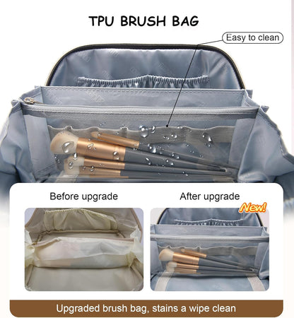 Travel Makeup Bags Cosmetic Organizer Bag: 3-Set Large Capacity Make up Bag - PU Leather Toiletry Bags for Women - Wide Open Portable Pouch with Divider & Handle (02-Light Green)