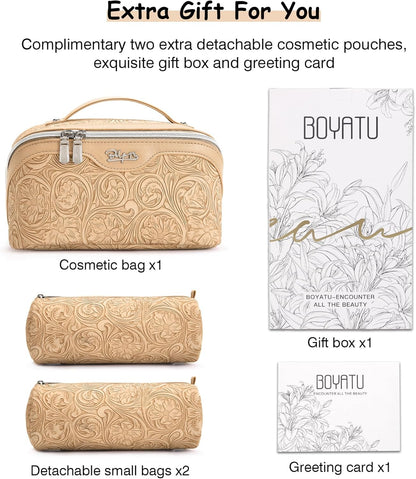 Travel Makeup Bags Cosmetic Organizer Bag: 3-Set Large Capacity Make up Bag - PU Leather Toiletry Bags for Women - Wide Open Portable Pouch with Divider & Handle (02-Light Green)