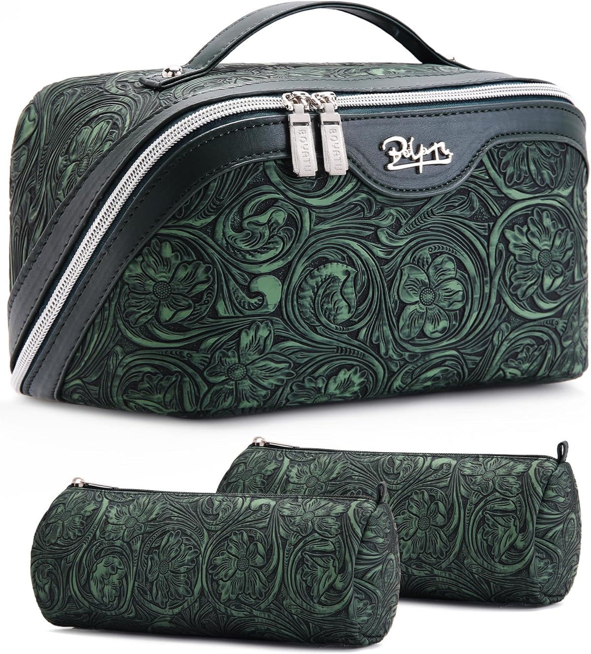 Travel Makeup Bags Cosmetic Organizer Bag: 3-Set Large Capacity Make up Bag - PU Leather Toiletry Bags for Women - Wide Open Portable Pouch with Divider & Handle (02-Light Green)