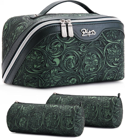 Travel Makeup Bags Cosmetic Organizer Bag: 3-Set Large Capacity Make up Bag - PU Leather Toiletry Bags for Women - Wide Open Portable Pouch with Divider & Handle (02-Light Green)