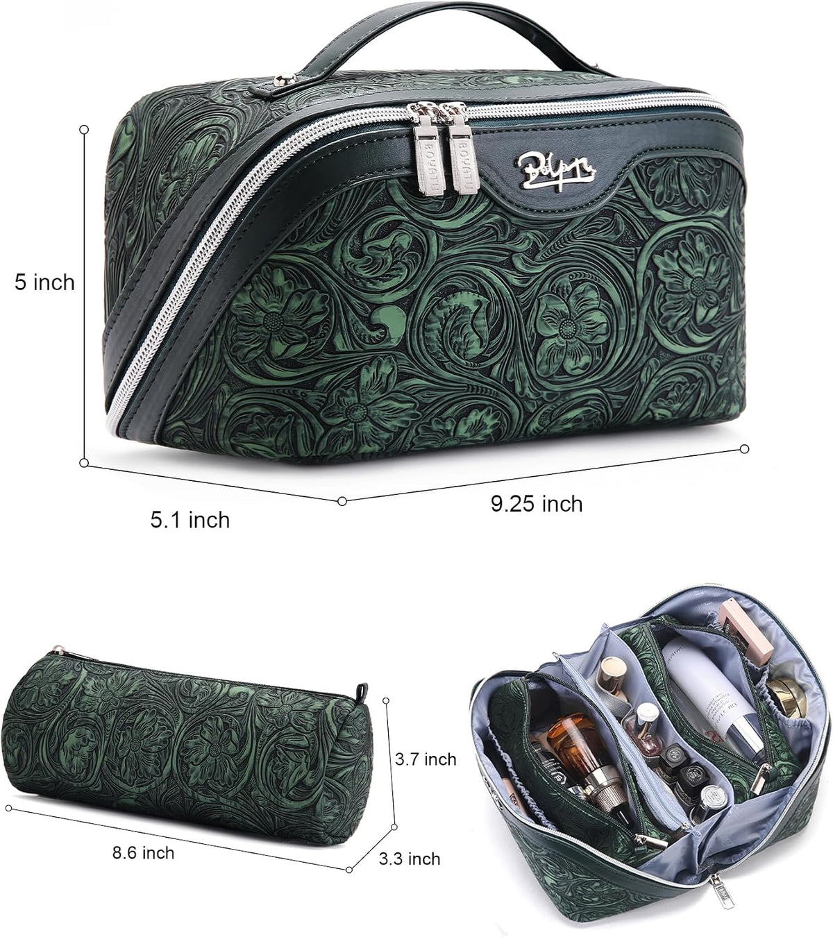 Travel Makeup Bags Cosmetic Organizer Bag: 3-Set Large Capacity Make up Bag - PU Leather Toiletry Bags for Women - Wide Open Portable Pouch with Divider & Handle (02-Light Green)