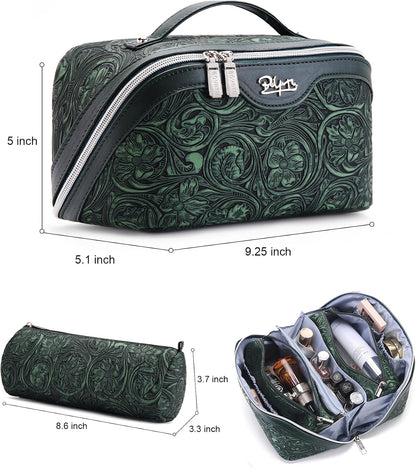 Travel Makeup Bags Cosmetic Organizer Bag: 3-Set Large Capacity Make up Bag - PU Leather Toiletry Bags for Women - Wide Open Portable Pouch with Divider & Handle (02-Light Green)