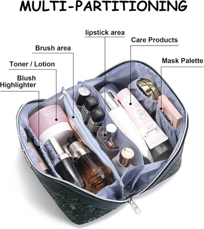 Travel Makeup Bags Cosmetic Organizer Bag: 3-Set Large Capacity Make up Bag - PU Leather Toiletry Bags for Women - Wide Open Portable Pouch with Divider & Handle (02-Light Green)