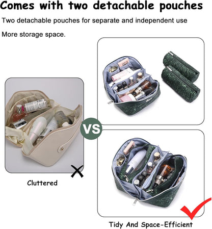 Travel Makeup Bags Cosmetic Organizer Bag: 3-Set Large Capacity Make up Bag - PU Leather Toiletry Bags for Women - Wide Open Portable Pouch with Divider & Handle (02-Light Green)