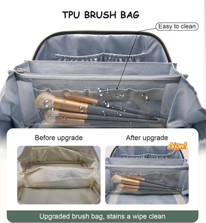 Travel Makeup Bags Cosmetic Organizer Bag: 3-Set Large Capacity Make up Bag - PU Leather Toiletry Bags for Women - Wide Open Portable Pouch with Divider & Handle (02-Light Green)