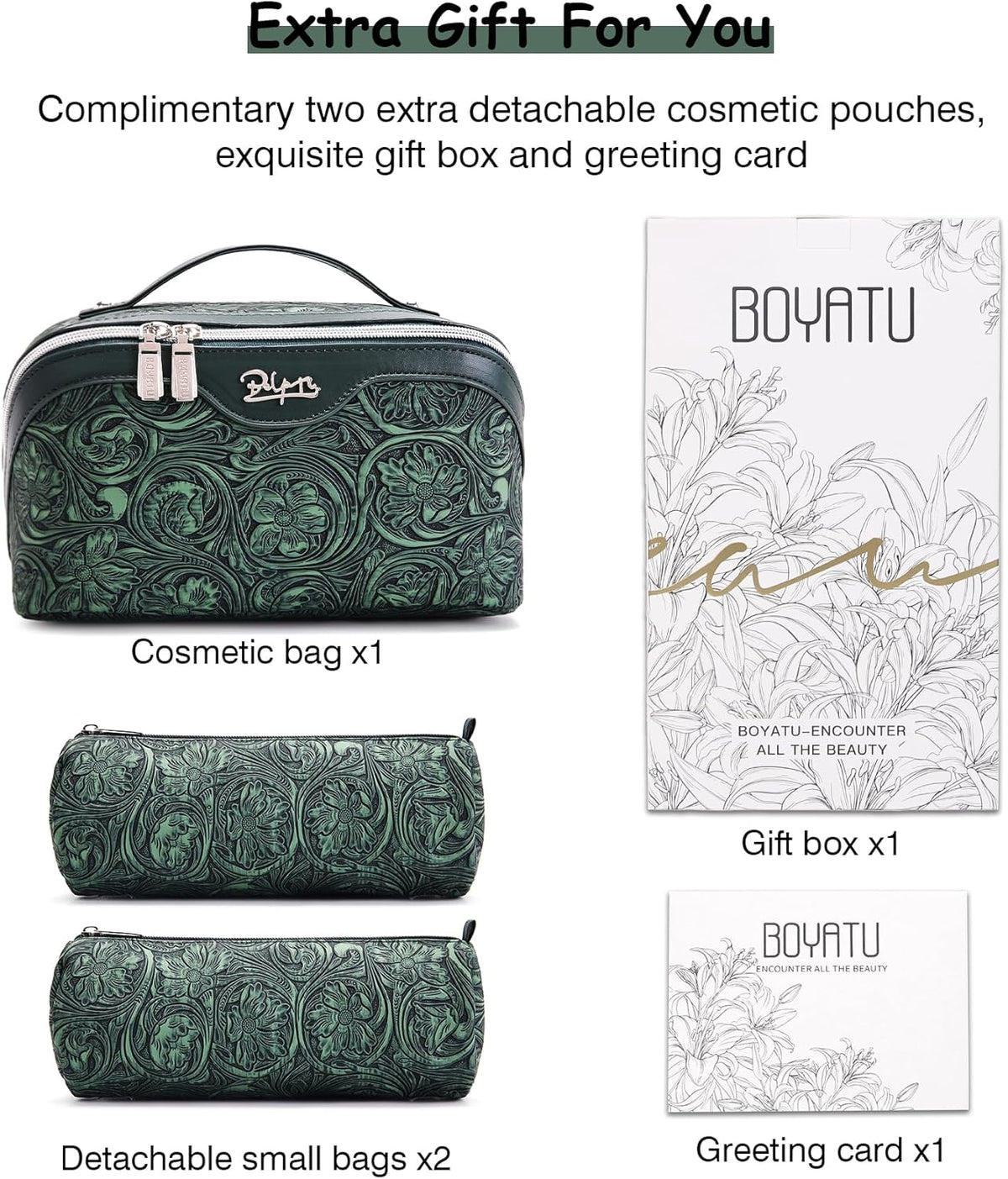 Travel Makeup Bags Cosmetic Organizer Bag: 3-Set Large Capacity Make up Bag - PU Leather Toiletry Bags for Women - Wide Open Portable Pouch with Divider & Handle (02-Light Green)