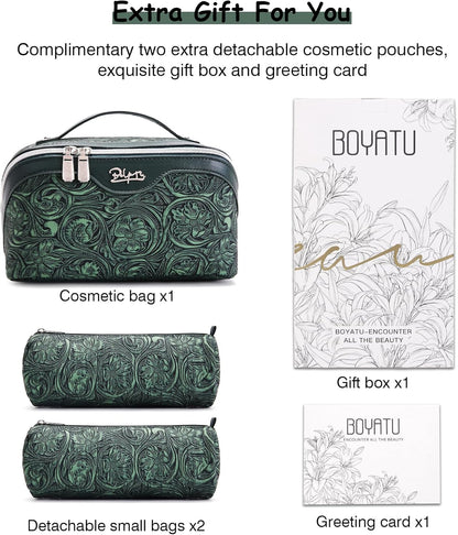 Travel Makeup Bags Cosmetic Organizer Bag: 3-Set Large Capacity Make up Bag - PU Leather Toiletry Bags for Women - Wide Open Portable Pouch with Divider & Handle (02-Light Green)