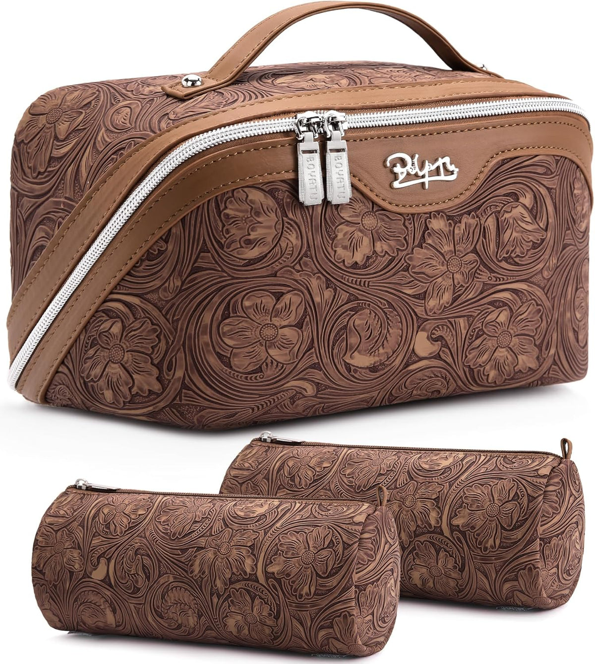 Travel Makeup Bags Cosmetic Organizer Bag: 3-Set Large Capacity Make up Bag - PU Leather Toiletry Bags for Women - Wide Open Portable Pouch with Divider & Handle (02-Light Green)