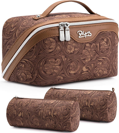 Travel Makeup Bags Cosmetic Organizer Bag: 3-Set Large Capacity Make up Bag - PU Leather Toiletry Bags for Women - Wide Open Portable Pouch with Divider & Handle (02-Light Green)
