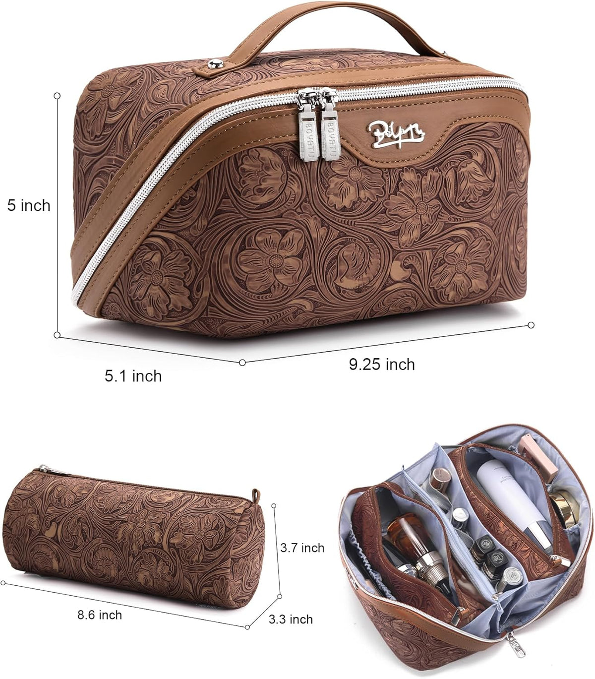 Travel Makeup Bags Cosmetic Organizer Bag: 3-Set Large Capacity Make up Bag - PU Leather Toiletry Bags for Women - Wide Open Portable Pouch with Divider & Handle (02-Light Green)