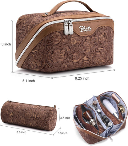 Travel Makeup Bags Cosmetic Organizer Bag: 3-Set Large Capacity Make up Bag - PU Leather Toiletry Bags for Women - Wide Open Portable Pouch with Divider & Handle (02-Light Green)