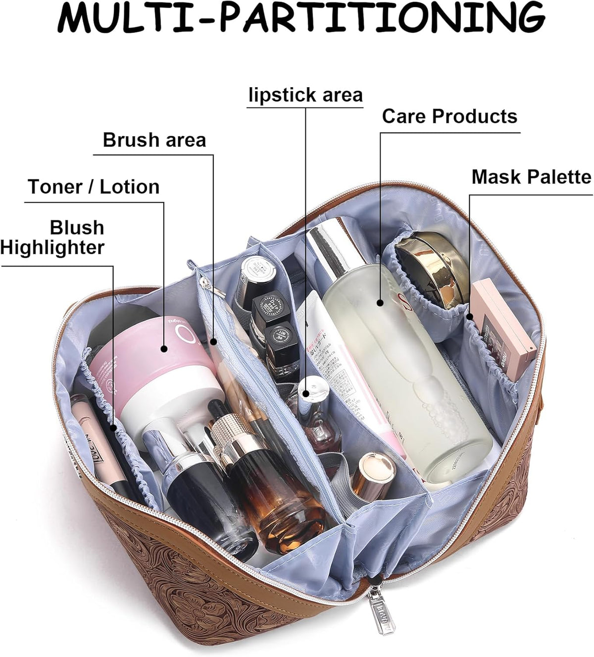 Travel Makeup Bags Cosmetic Organizer Bag: 3-Set Large Capacity Make up Bag - PU Leather Toiletry Bags for Women - Wide Open Portable Pouch with Divider & Handle (02-Light Green)
