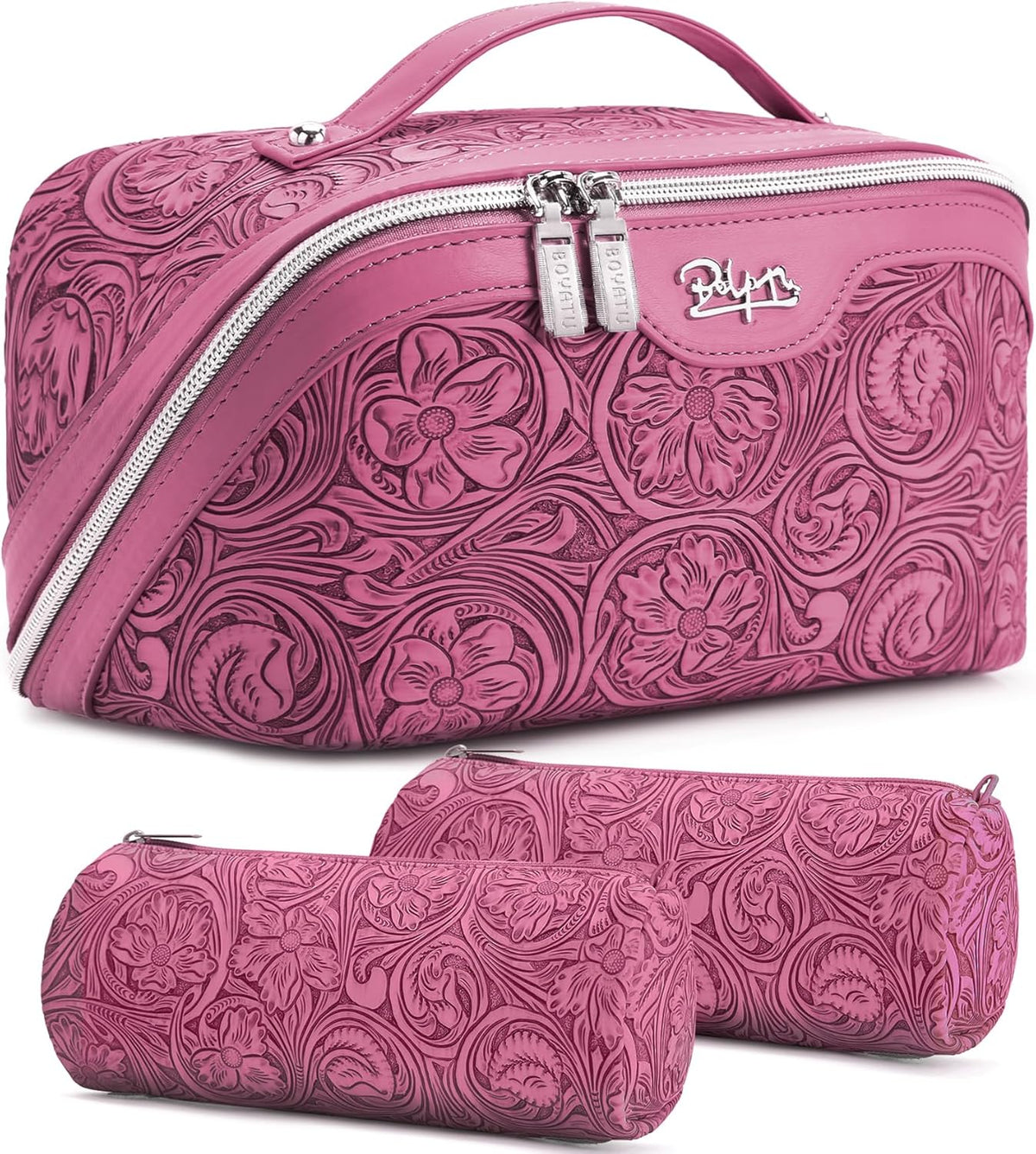 Travel Makeup Bags Cosmetic Organizer Bag: 3-Set Large Capacity Make up Bag - PU Leather Toiletry Bags for Women - Wide Open Portable Pouch with Divider & Handle (02-Light Green)