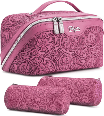 Travel Makeup Bags Cosmetic Organizer Bag: 3-Set Large Capacity Make up Bag - PU Leather Toiletry Bags for Women - Wide Open Portable Pouch with Divider & Handle (02-Light Green)