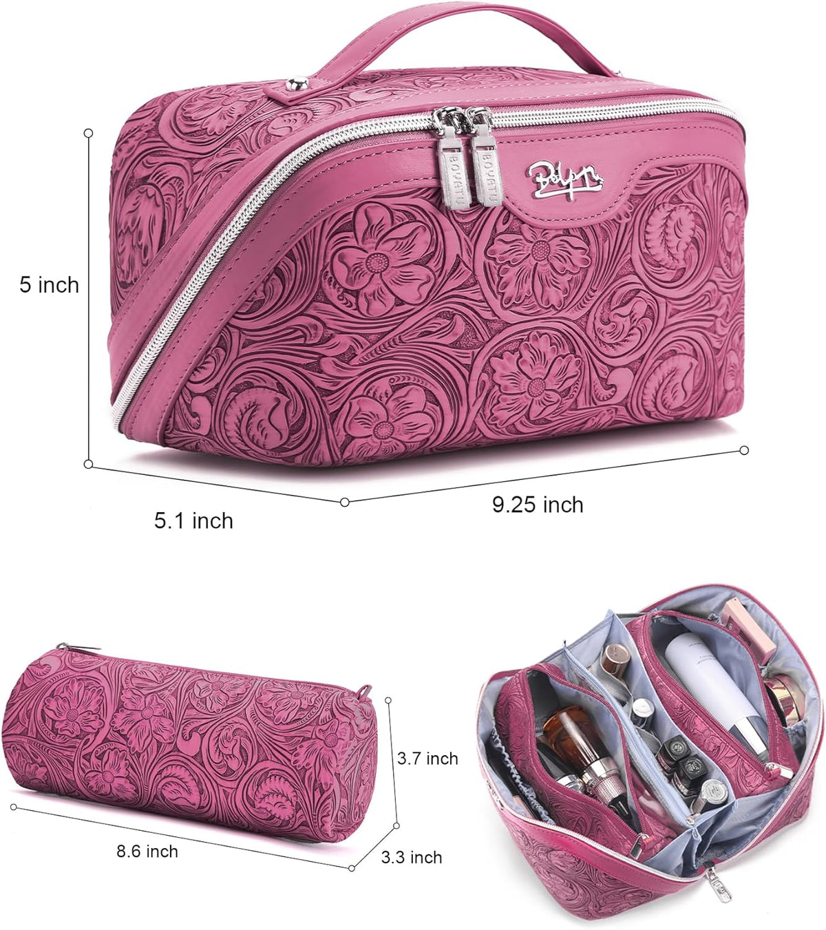 Travel Makeup Bags Cosmetic Organizer Bag: 3-Set Large Capacity Make up Bag - PU Leather Toiletry Bags for Women - Wide Open Portable Pouch with Divider & Handle (02-Light Green)