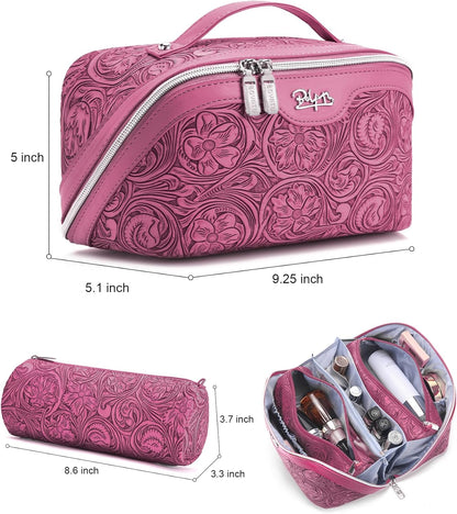 Travel Makeup Bags Cosmetic Organizer Bag: 3-Set Large Capacity Make up Bag - PU Leather Toiletry Bags for Women - Wide Open Portable Pouch with Divider & Handle (02-Light Green)