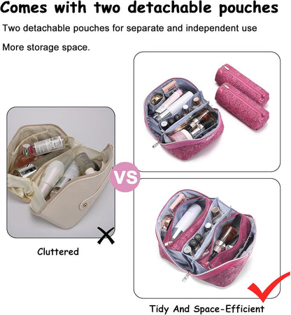 Travel Makeup Bags Cosmetic Organizer Bag: 3-Set Large Capacity Make up Bag - PU Leather Toiletry Bags for Women - Wide Open Portable Pouch with Divider & Handle (02-Light Green)