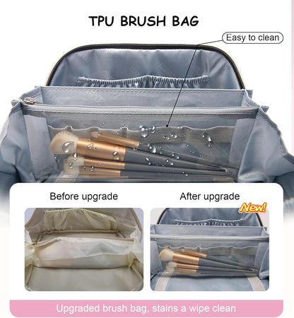 Travel Makeup Bags Cosmetic Organizer Bag: 3-Set Large Capacity Make up Bag - PU Leather Toiletry Bags for Women - Wide Open Portable Pouch with Divider & Handle (02-Light Green)