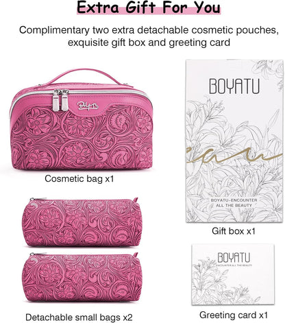 Travel Makeup Bags Cosmetic Organizer Bag: 3-Set Large Capacity Make up Bag - PU Leather Toiletry Bags for Women - Wide Open Portable Pouch with Divider & Handle (02-Light Green)