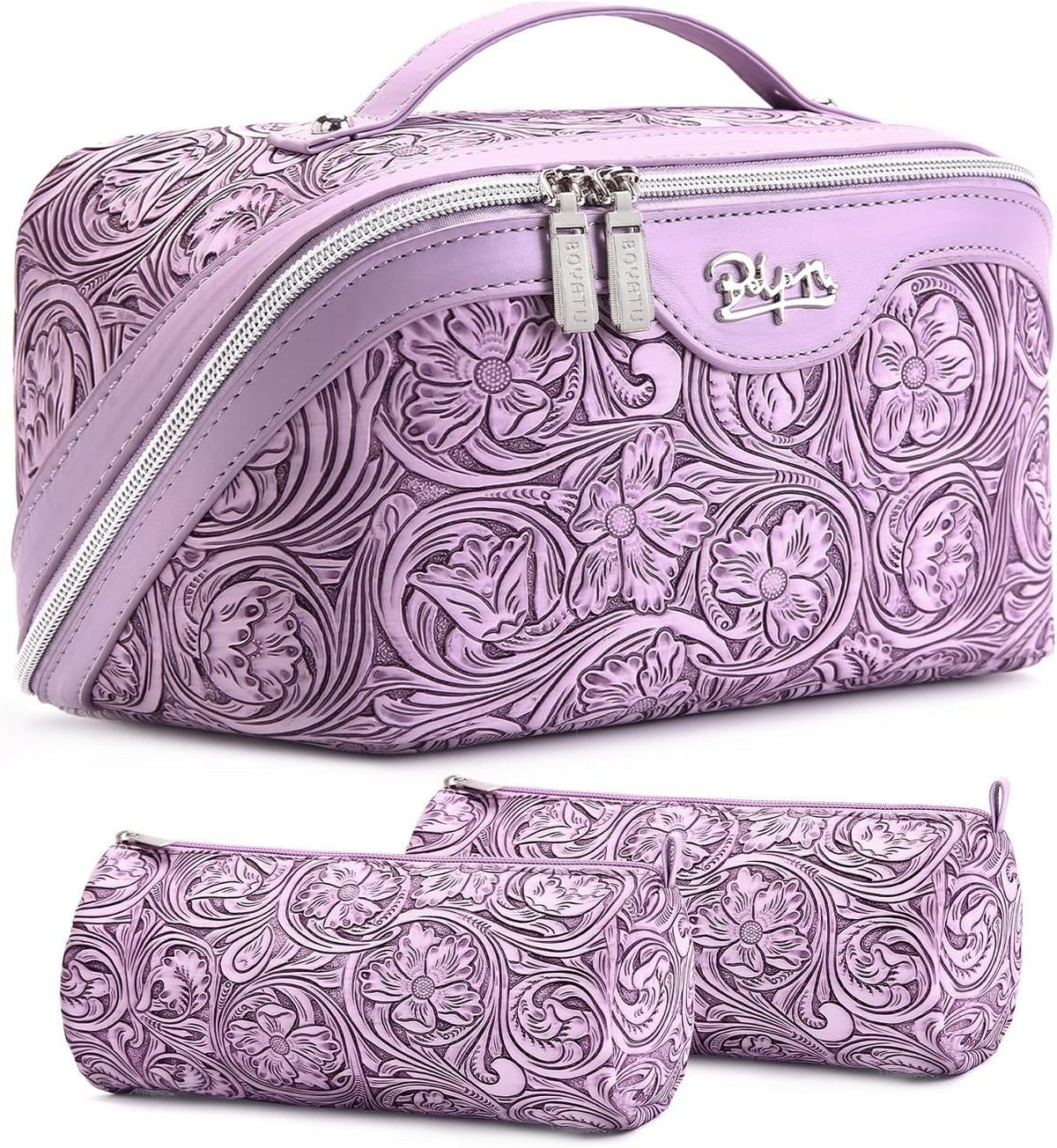 Travel Makeup Bags Cosmetic Organizer Bag: 3-Set Large Capacity Make up Bag - PU Leather Toiletry Bags for Women - Wide Open Portable Pouch with Divider & Handle (02-Light Green)