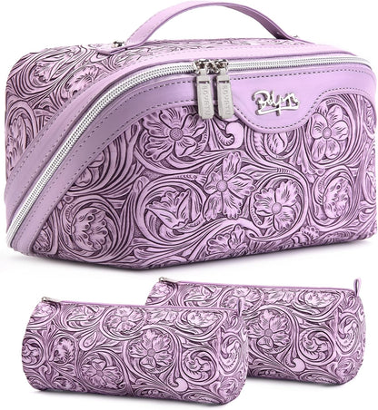 Travel Makeup Bags Cosmetic Organizer Bag: 3-Set Large Capacity Make up Bag - PU Leather Toiletry Bags for Women - Wide Open Portable Pouch with Divider & Handle (02-Light Green)
