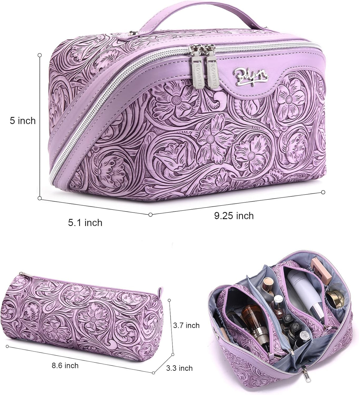 Travel Makeup Bags Cosmetic Organizer Bag: 3-Set Large Capacity Make up Bag - PU Leather Toiletry Bags for Women - Wide Open Portable Pouch with Divider & Handle (02-Light Green)